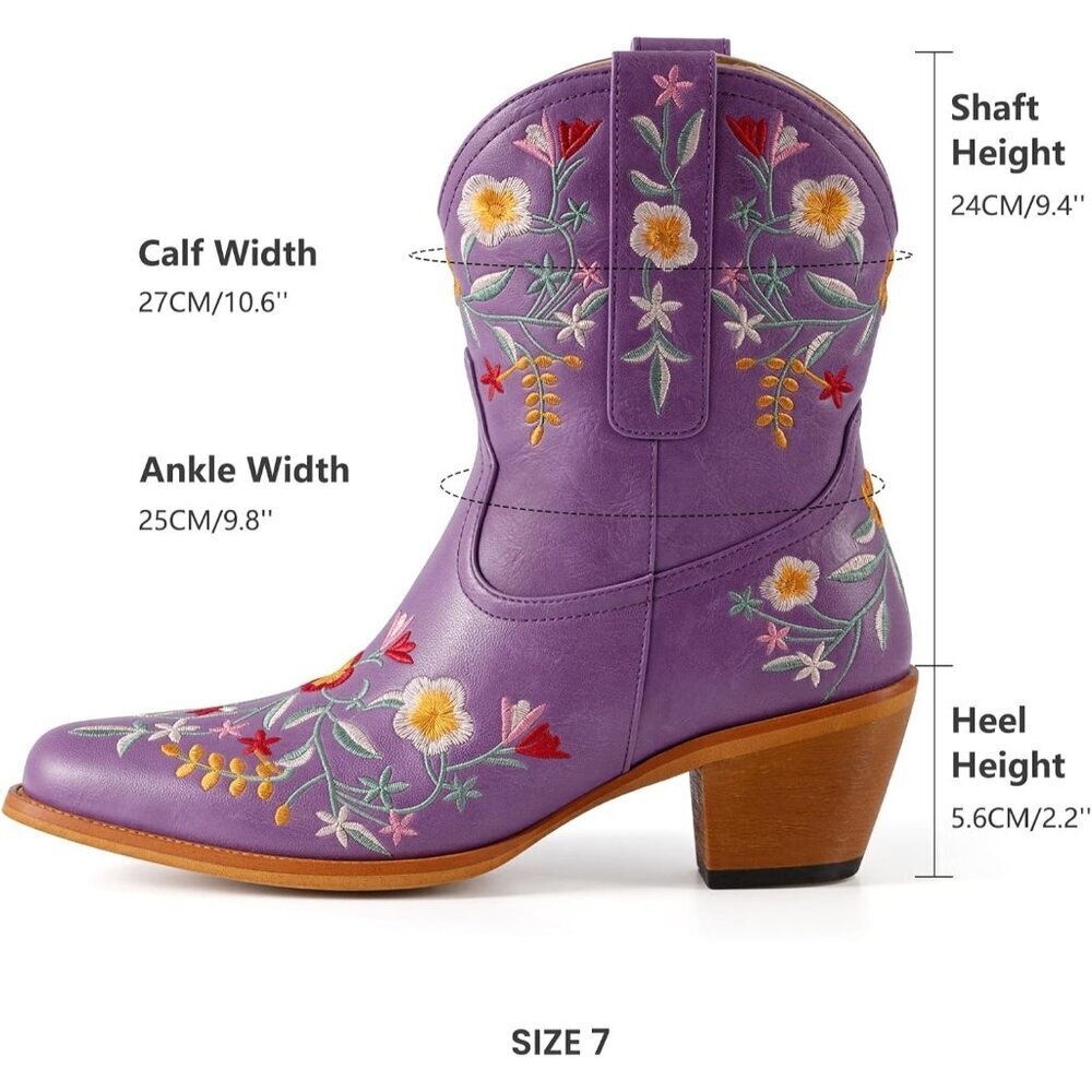 Women's Purple Ankle Cowgirl Boots Flower Embroidered Square Toe Chunky Heel - Picture 6 of 8